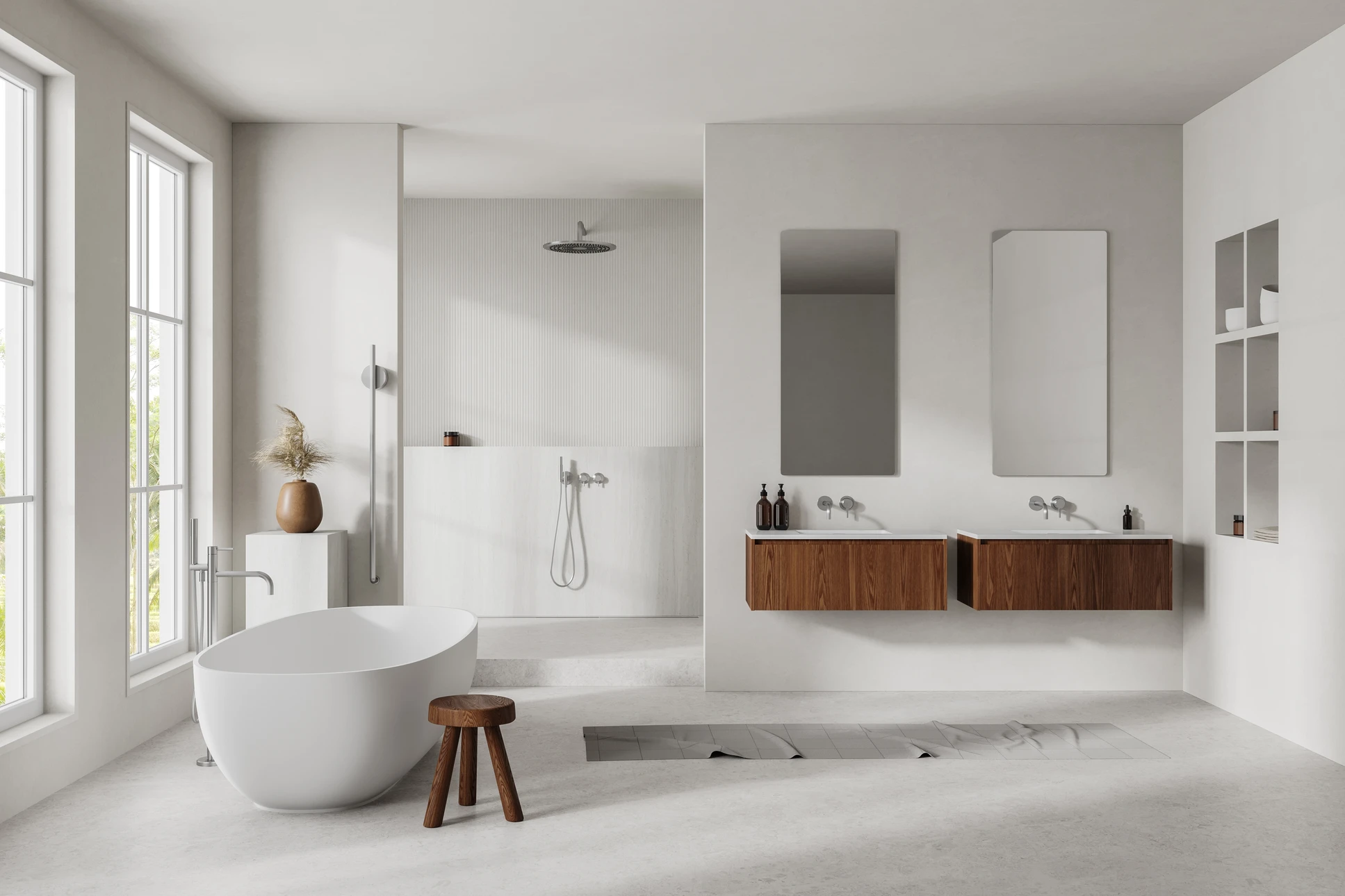 Salle de bains moderne et minimaliste avec baignoire indépendante, armoires en bois et douche à l'italienne, intérieur neutre, arrière-plan clair, concept de luxe et de simplicité