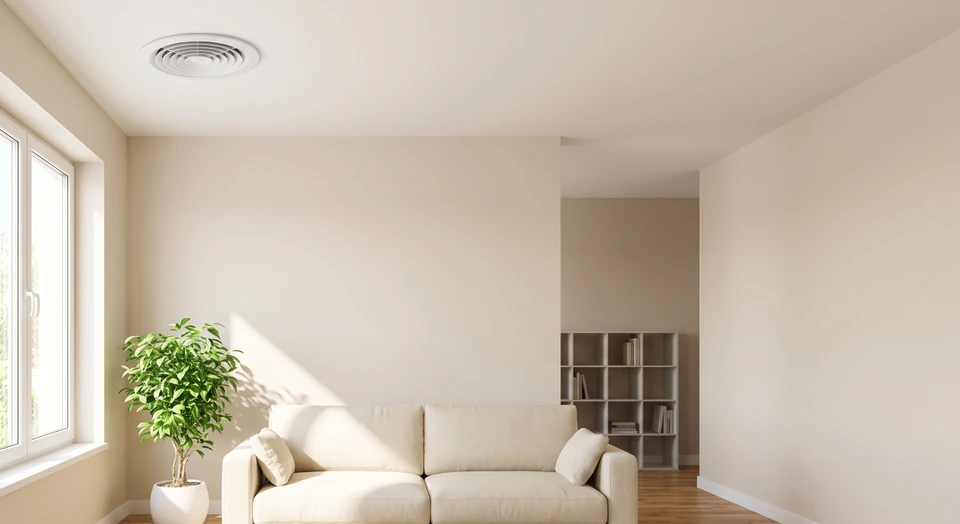 Photographie d'un intérieur résidentiel lumineux et sec montrant clairement une grille de ventilation VMC discrète en haut d'une paroi ou au plafond, accompagnée d'un environnement de vie sain (salon ou chambre avec murs sans trace d'humidité, aucune trace de moisissure). L'image doit traduire la notion de confort intérieur, de fraîcheur et d'air renouvelé, sans personne. Ambiance calme et professionnelle qui rassure sur la qualité de l'air intérieur et l'absence d'humidité.