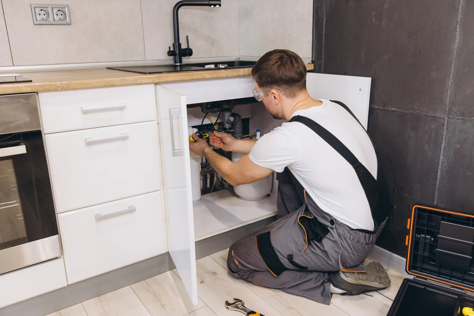 Un plombier-chauffagiste en tenue professionnelle (polo ou combinaison) intervenant rapidement dans une salle de bain d'une habitation, en train de diagnostiquer ou réparer une installation de plomberie ou chauffage. L'environnement doit être un intérieur résidentiel moderne. Le technicien doit être concentré et actif dans son intervention, équipé de ses outils professionnels, symbolisant la mobilisation immédiate et la réactivité face à une urgence.