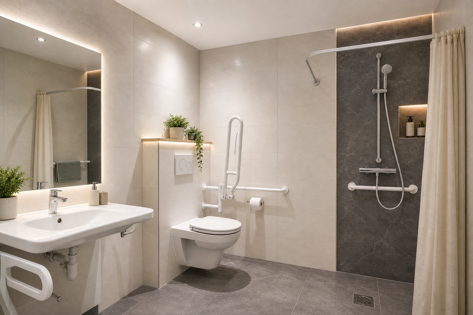 Scène intérieure de salle de bain avec robinetterie chromée moderne en fonctionnement, eau coulant dans baignoire blanche