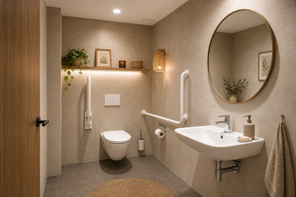 Main dans salle de bain carrelée turquoise et blanche tenant barre d'appui métallique chromée